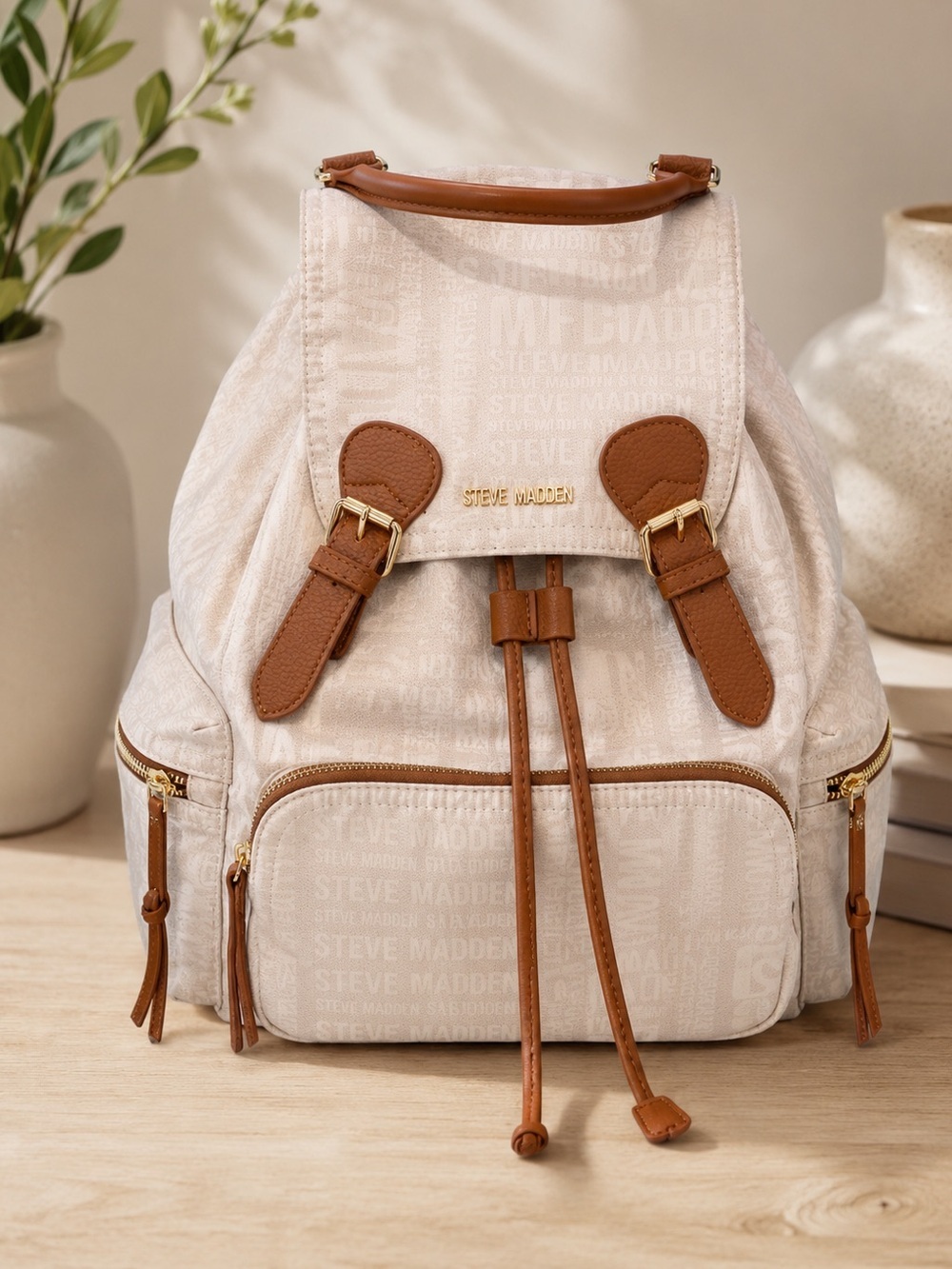 Steve Madden Solly White Canvas Backpack/Purse Brown Faux Vegan Leather Trim
